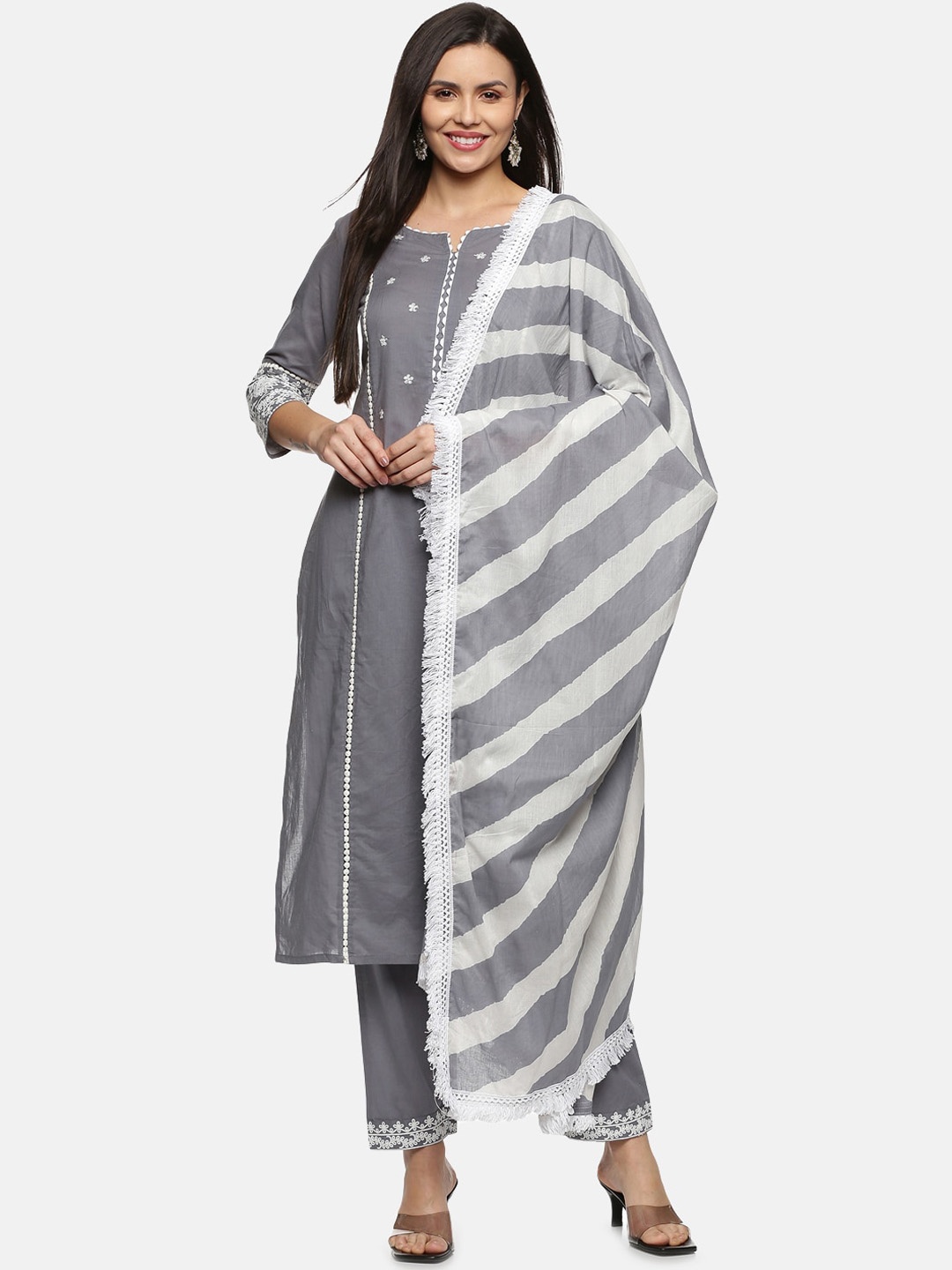 

Palakh Women Grey Embroidered Pure Cotton Kurta with Trousers & With Dupatta