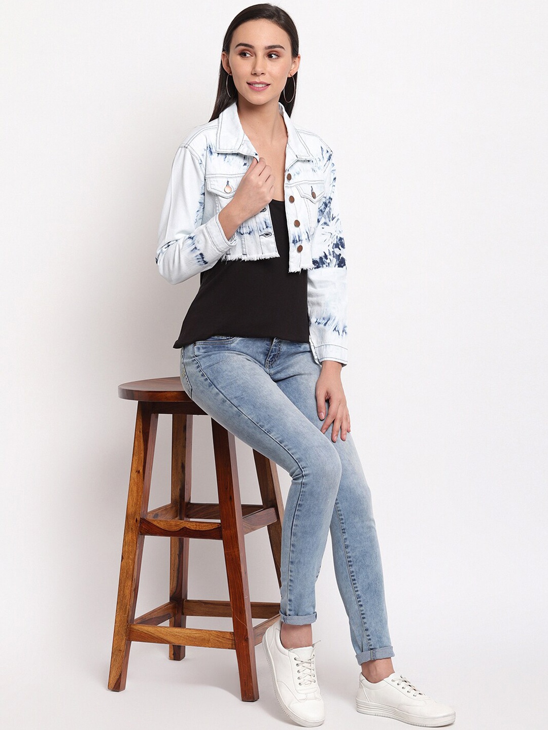 

TALES & STORIES Women White Soild Lightweight Crop Denim Jacket