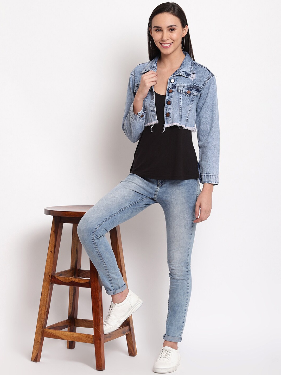 

TALES & STORIES Women Blue Solid Lightweight Crop Denim Jacket