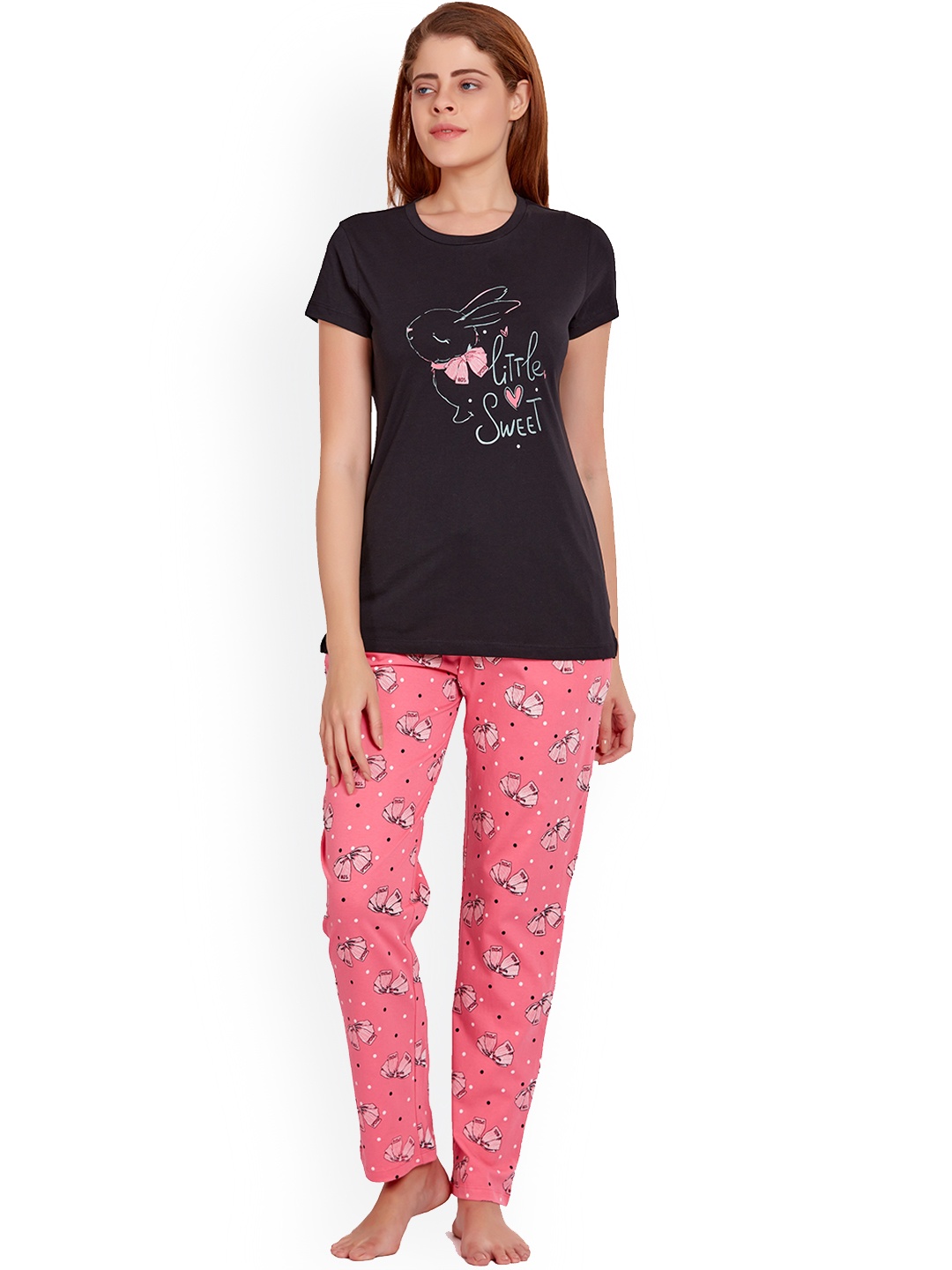 

MAYSIXTY Women Black & Pink Printed Night suit