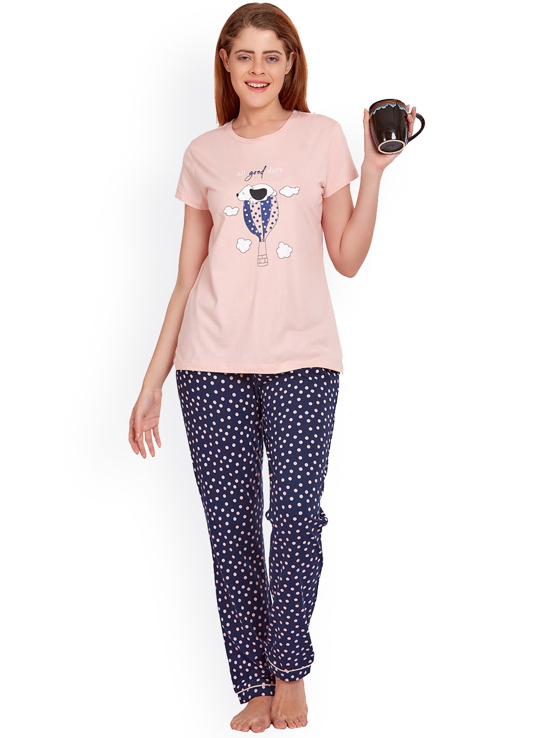 

MAYSIXTY Women Pink & Navy Blue Printed Night suit