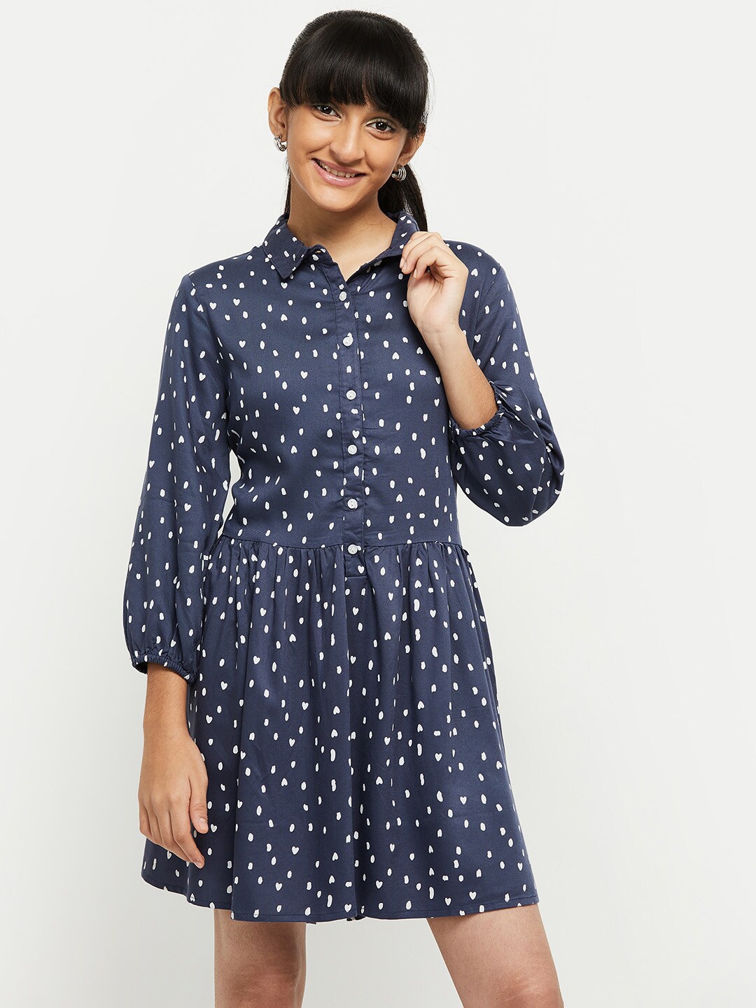 

max Girls Blue & White Printed Shirt Dress