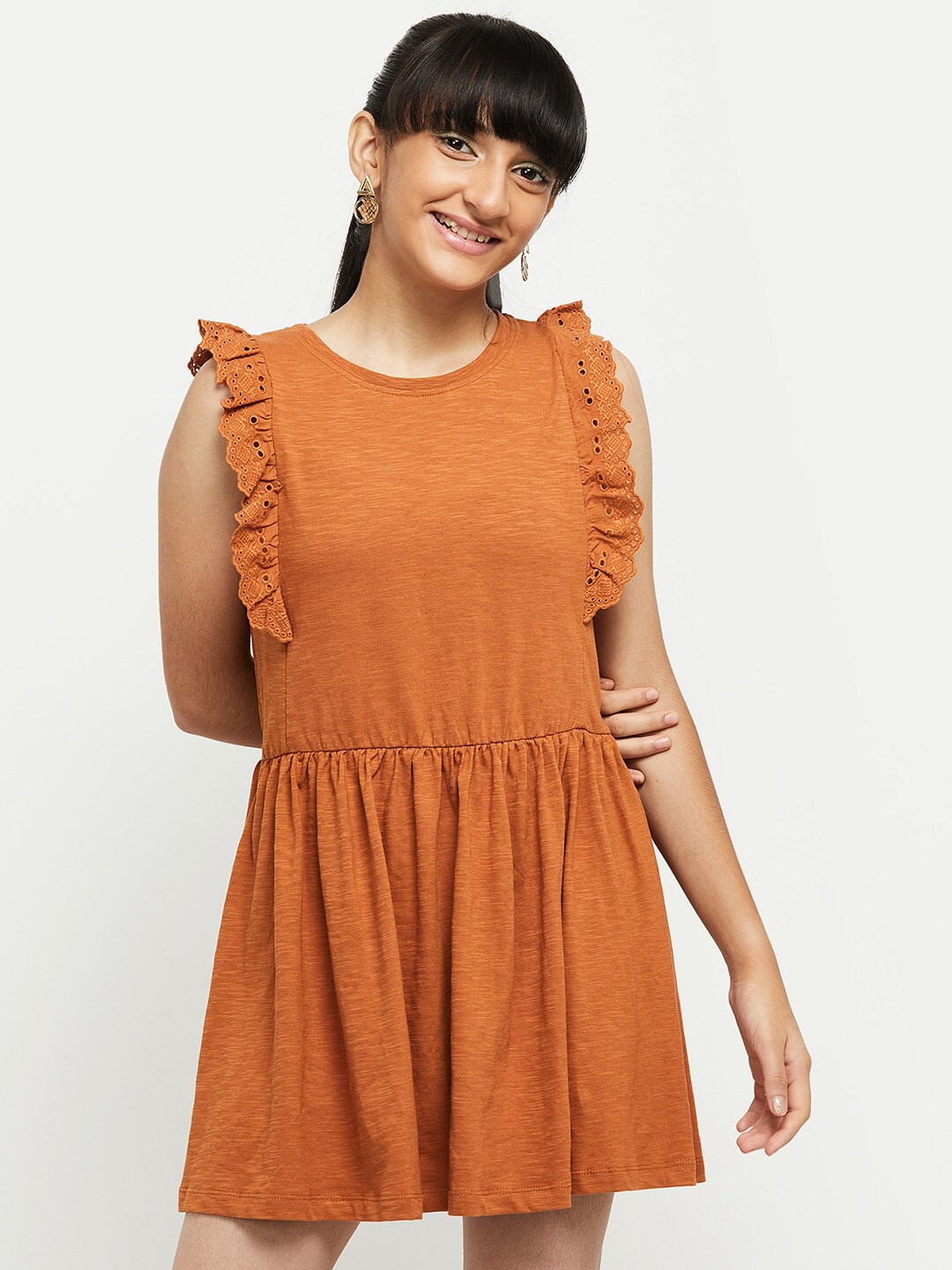 

max Girls Brown Cotton A-Line Dress