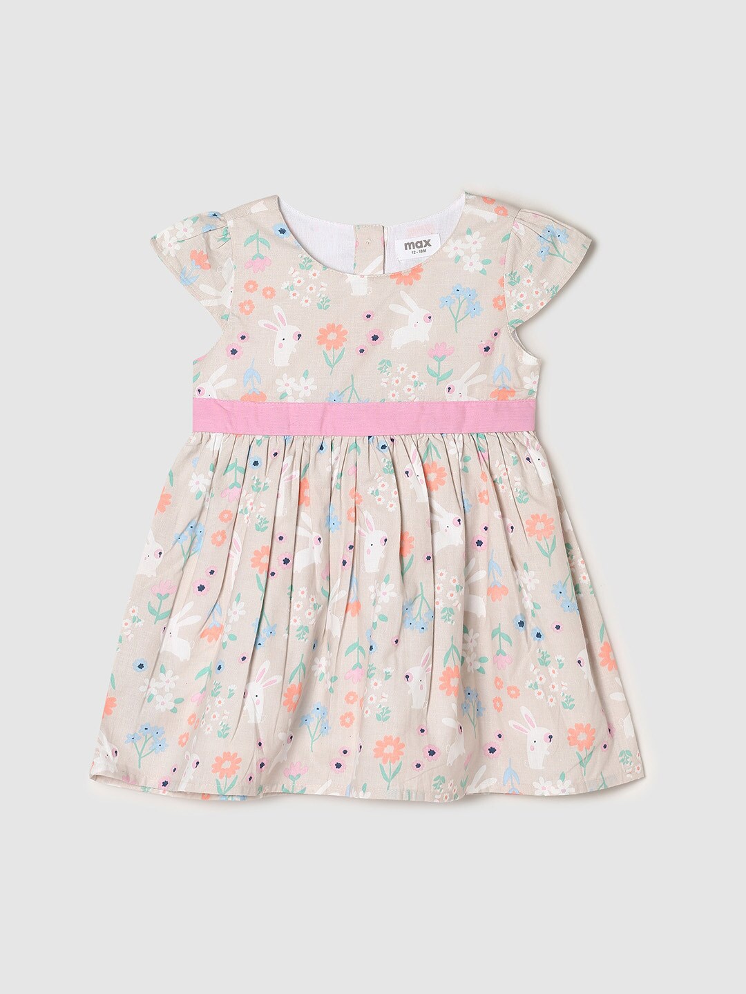 

max Girls Beige & Blue Floral Cotton A-Line Dress