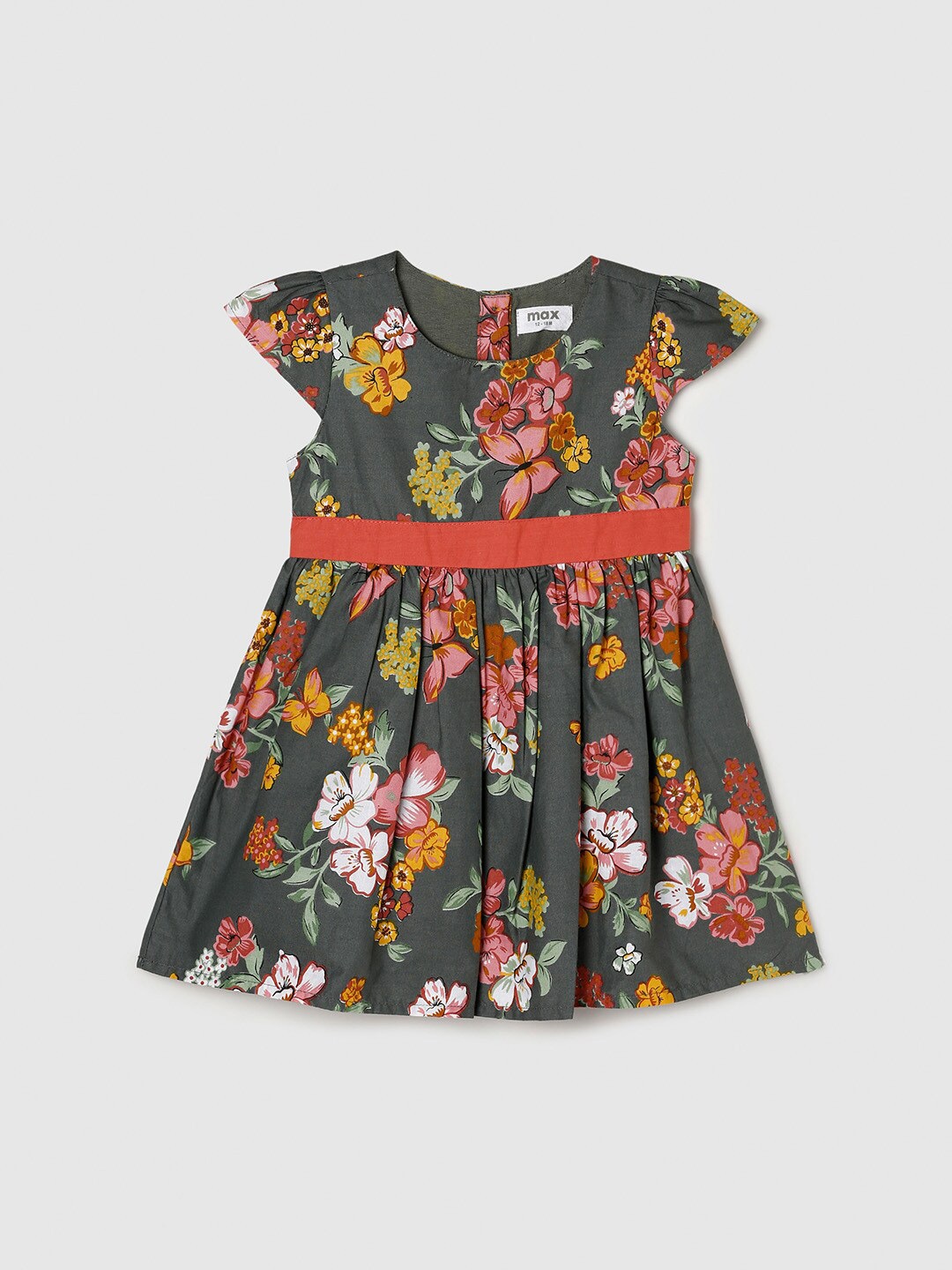 

max Girls Olive Green & Pink Floral Cotton Dress