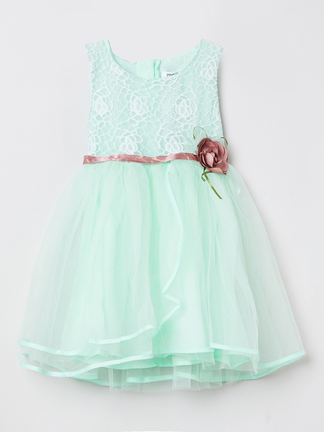 

max Girls Green Self Design Layered A-Line Dress