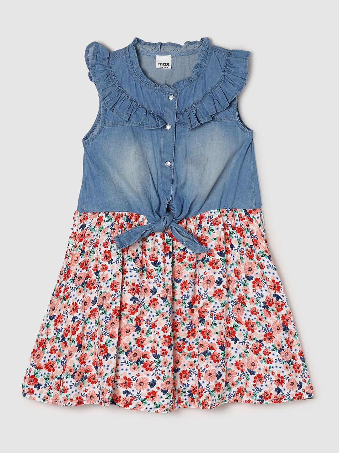 

max Girls Cream-Coloured & Blue Floral A-Line Dress