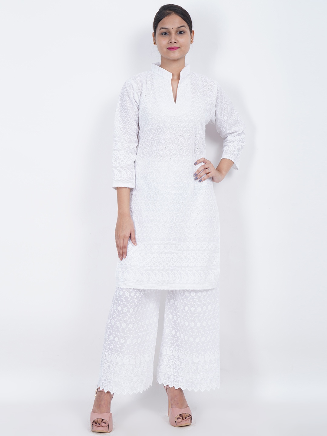 

Trendzmy Women White Floral Embroidered Thread Work Pure Cotton Kurta