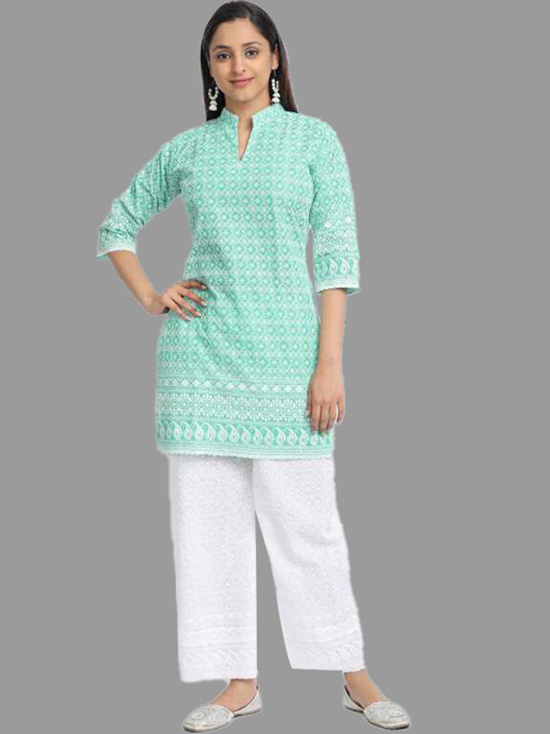 

Trendzmy Women Sea Green Ethnic Motifs Embroidered Chikankari Cotton Kurta