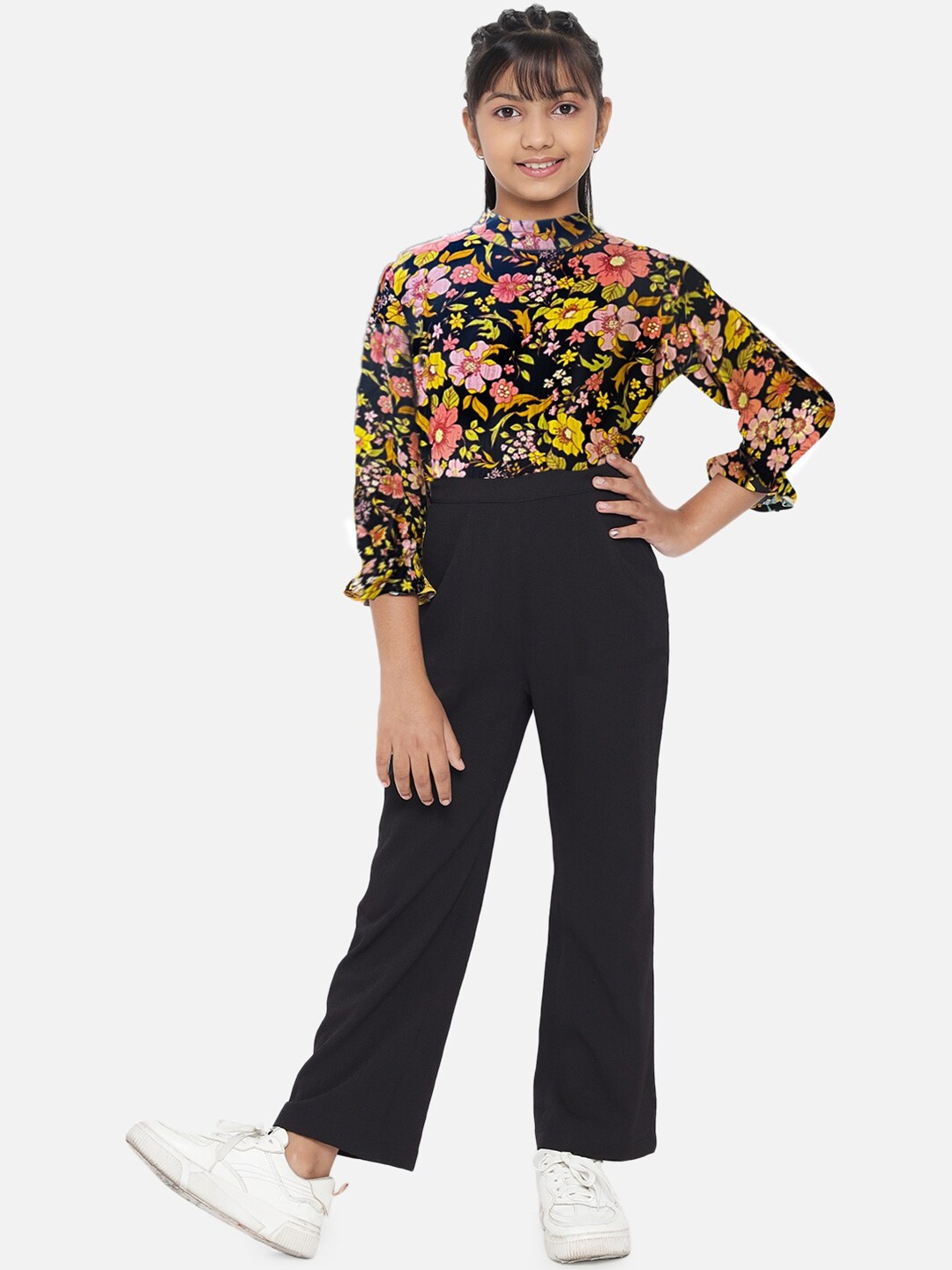 

luyk Girls Black & Yellow Printed Basic Jumpsuit