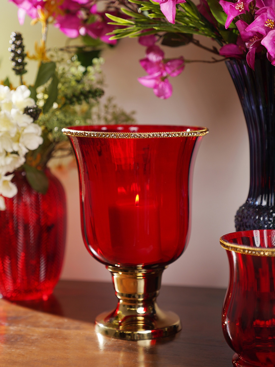 

Pure Home and Living Red & Gold Toned Solid Hurricane Candle Holders