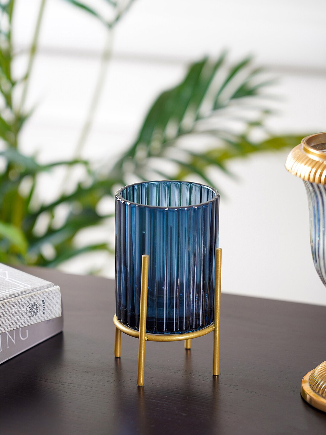 

Pure Home and Living Blue Ribbed Hurricane Candle Holders