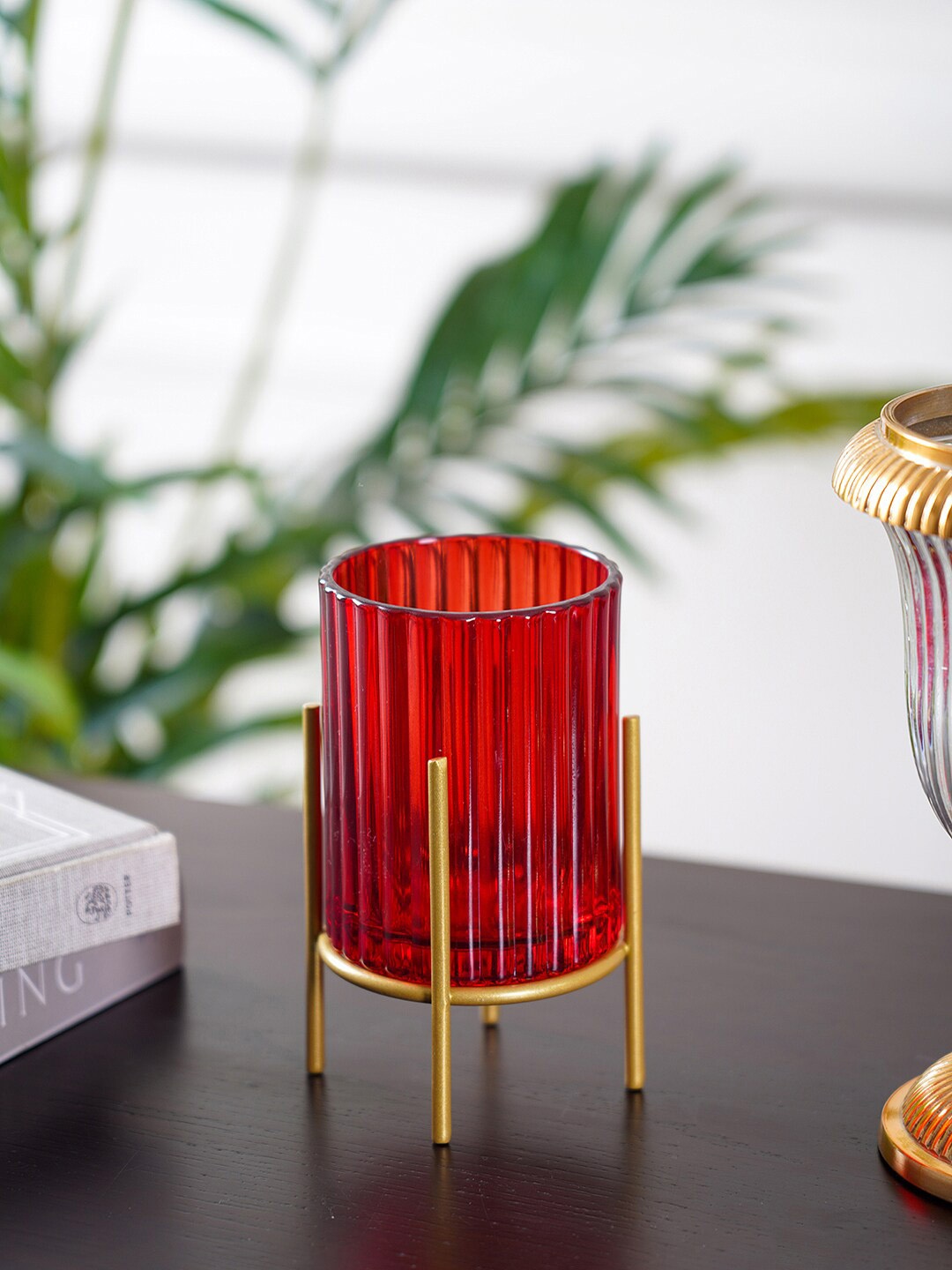 

Pure Home and Living Red Textured Glass Hurricane Candle Holders