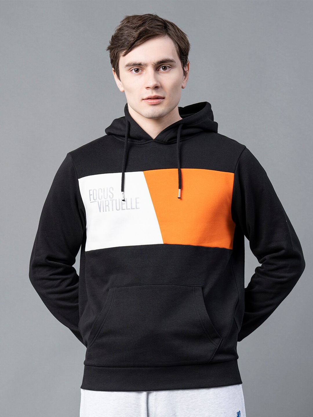 

Red Tape Men Black Colourblocked Hooded Pullover Sweatshirt