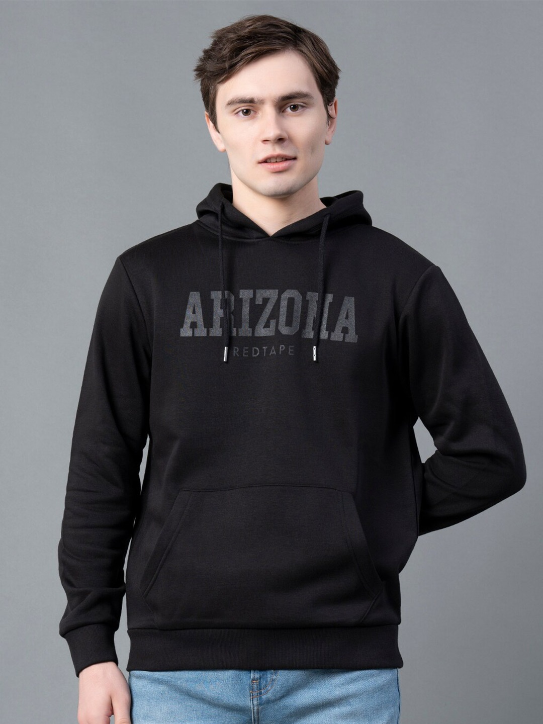 

Red Tape Men Black Printed Hooded Pullover Sweatshirt
