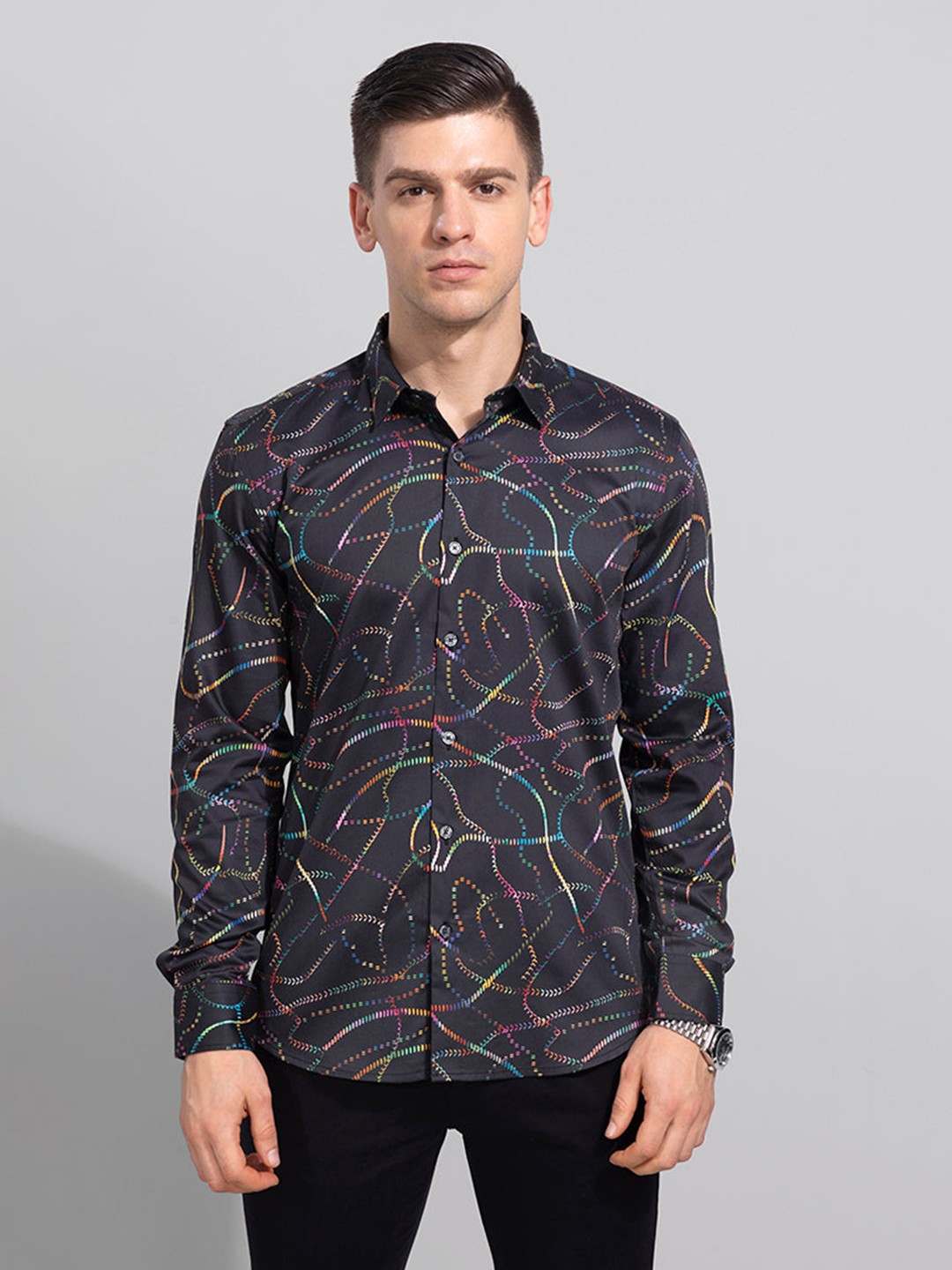 

Snitch Men Black Slim Fit Printed Casual Shirt