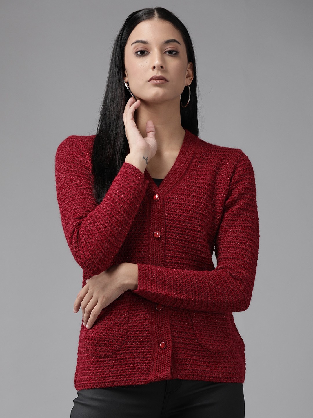 

Cayman Women Knitted Woollen Cardigan, Maroon