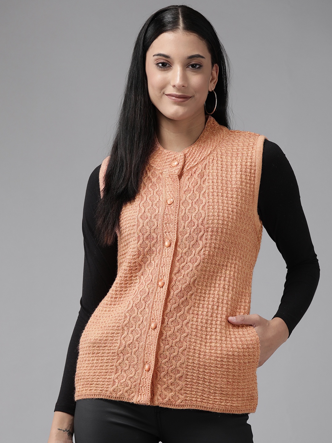 

Cayman Women Band Collar Woolen Cable Knit Cardigan, Peach