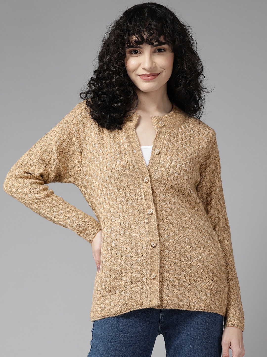 

Cayman Women Cable Knit Woolen Cardigan, Beige