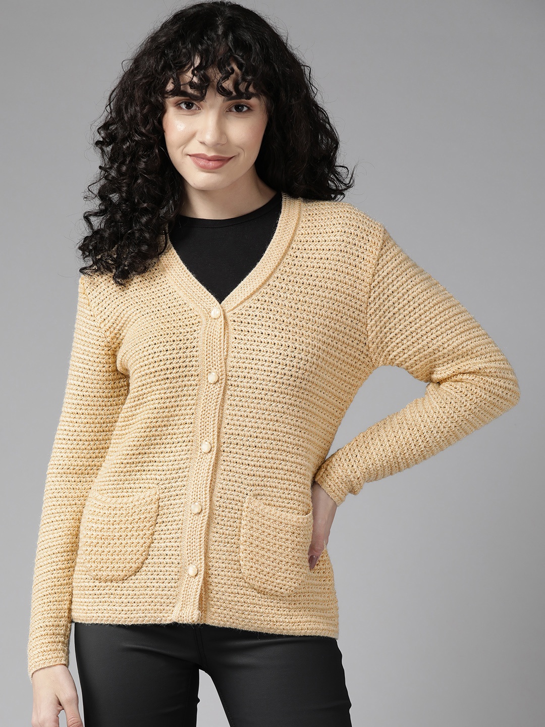 

Cayman Women Solid Knitted Woolen Cardigan, Beige