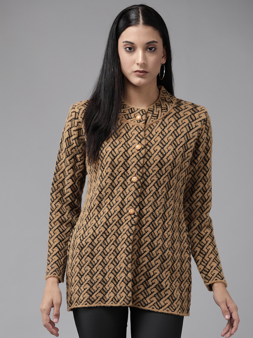 

Cayman Women Geometric Printed Knitted Longline Cardigan, Brown