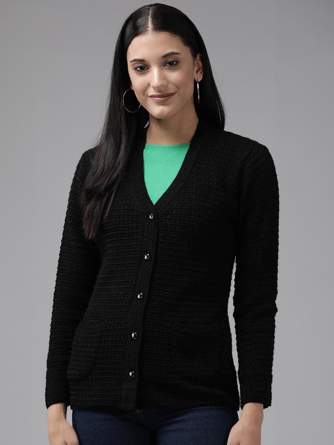 

Cayman Women Black Solid Knitted Woolen Cardigan