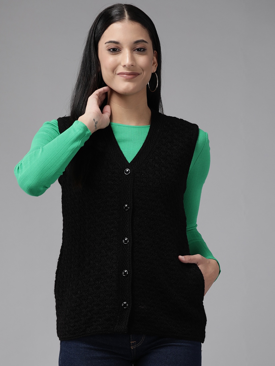 

Cayman Women Woolen Cable Knit Cardigan, Black