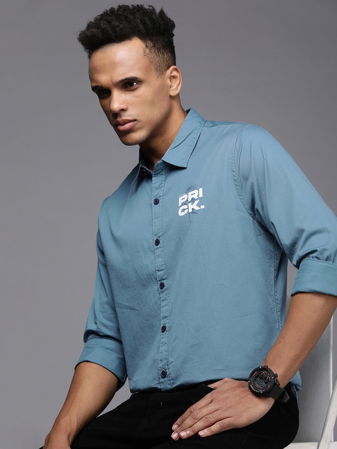 

WROGN Men Teal Blue Slim Fit Printed Pure Cotton Casual Shirt