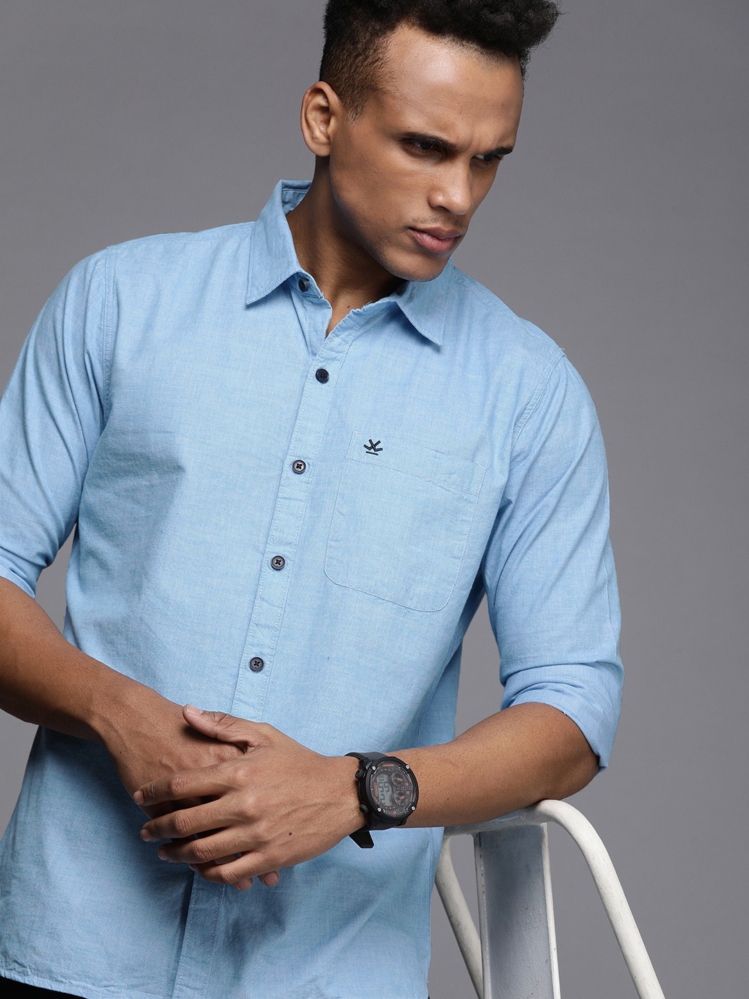 

WROGN Men Light Blue Solid Slim Fit Pure Cotton Casual Shirt