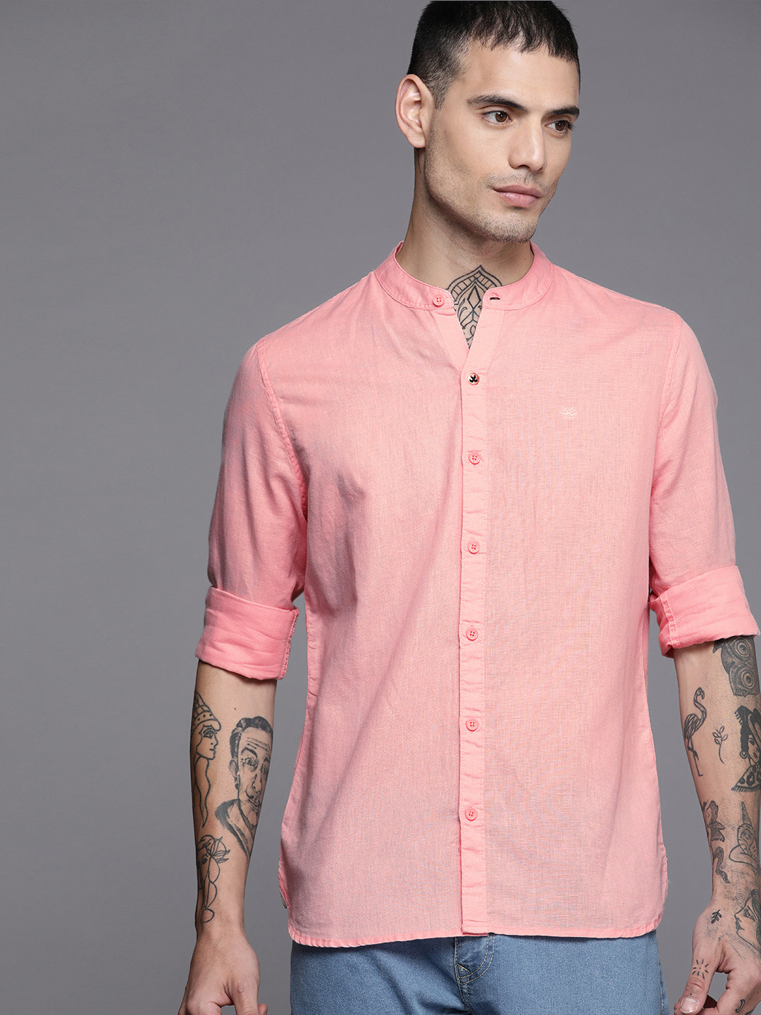 

WROGN Men Peach-Coloured Solid Slim Fit Pure Cotton Casual Shirt
