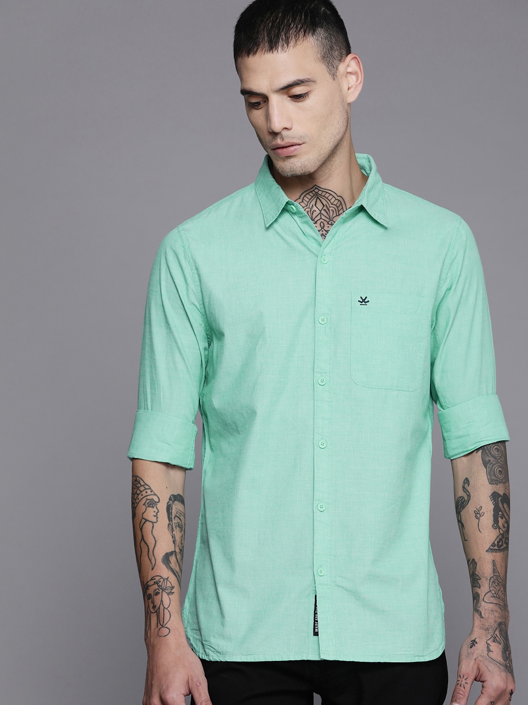 

WROGN Men Green Solid Slim Fit Pure Cotton Casual Shirt