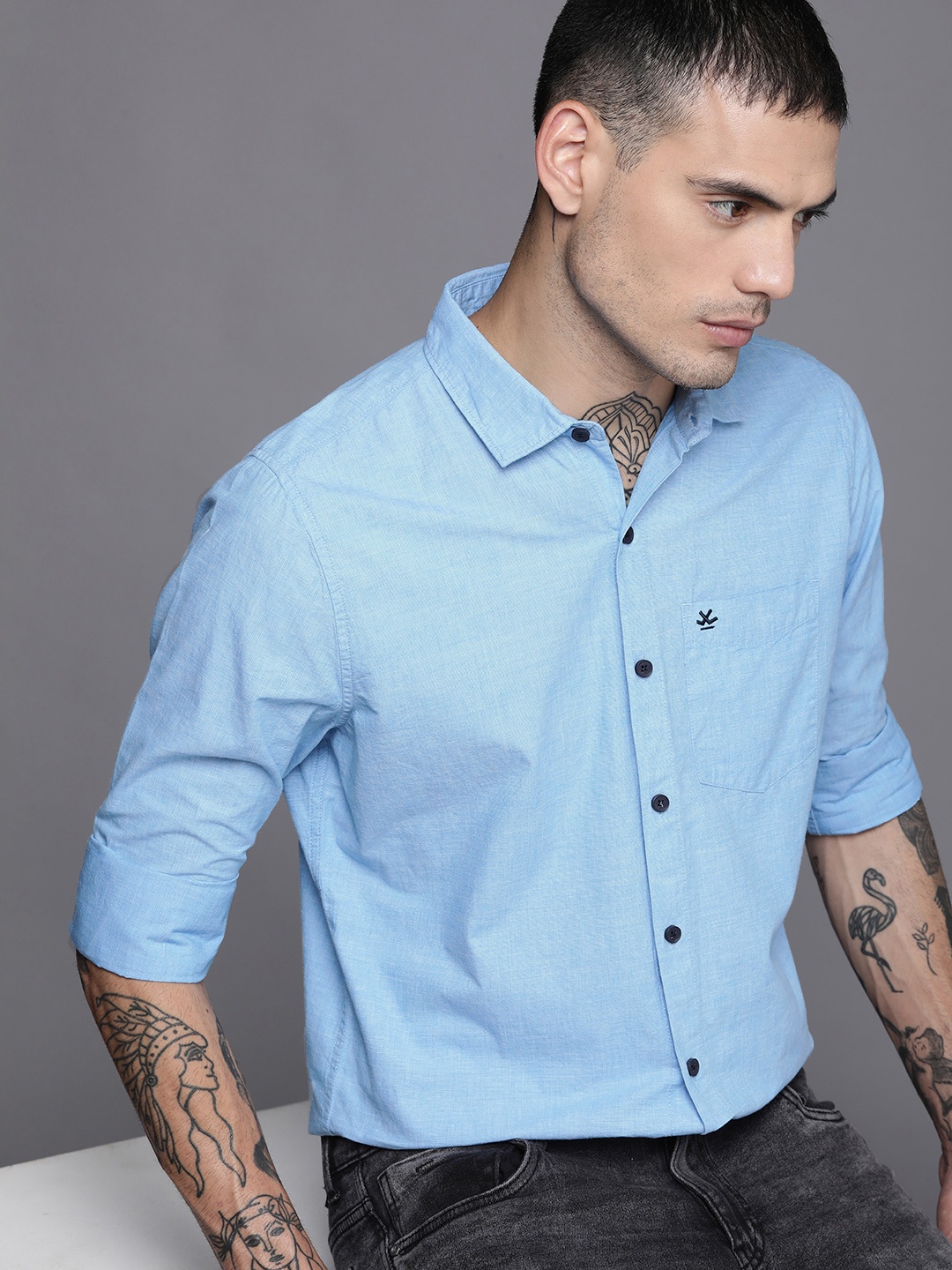 

WROGN Men Blue Slim Fit Solid Opaque Pure Cotton Casual Shirt With Chest Pocket