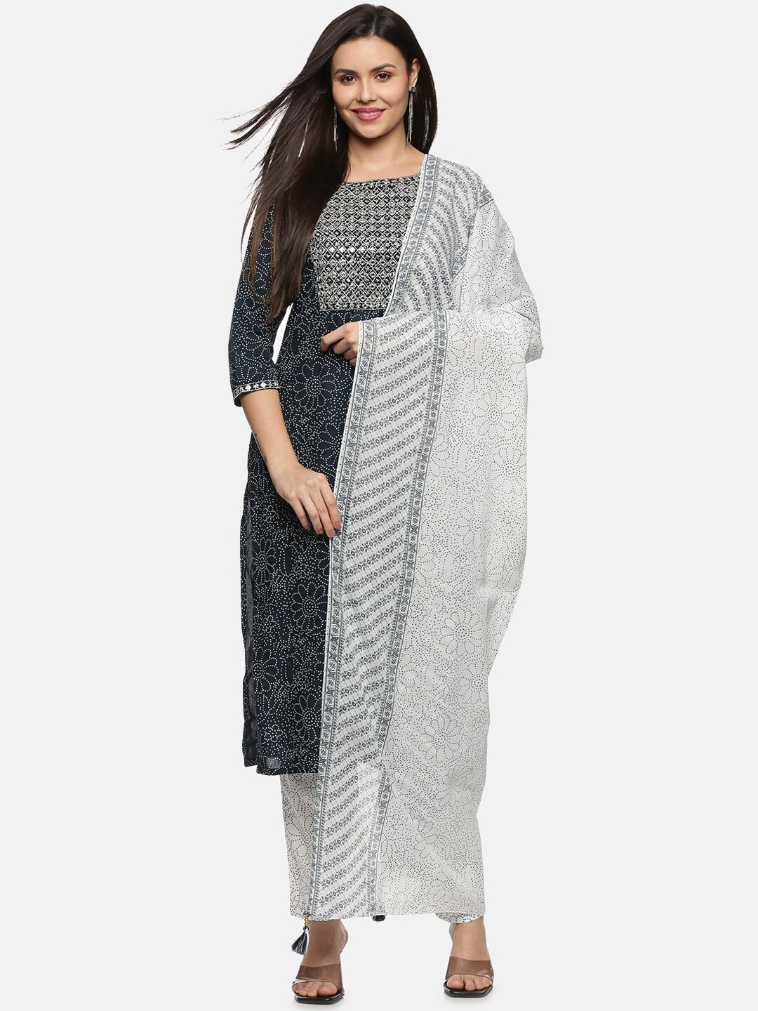 

Palakh Women Green Floral Printed Mirror Work Kurta with Trousers & With Dupatta