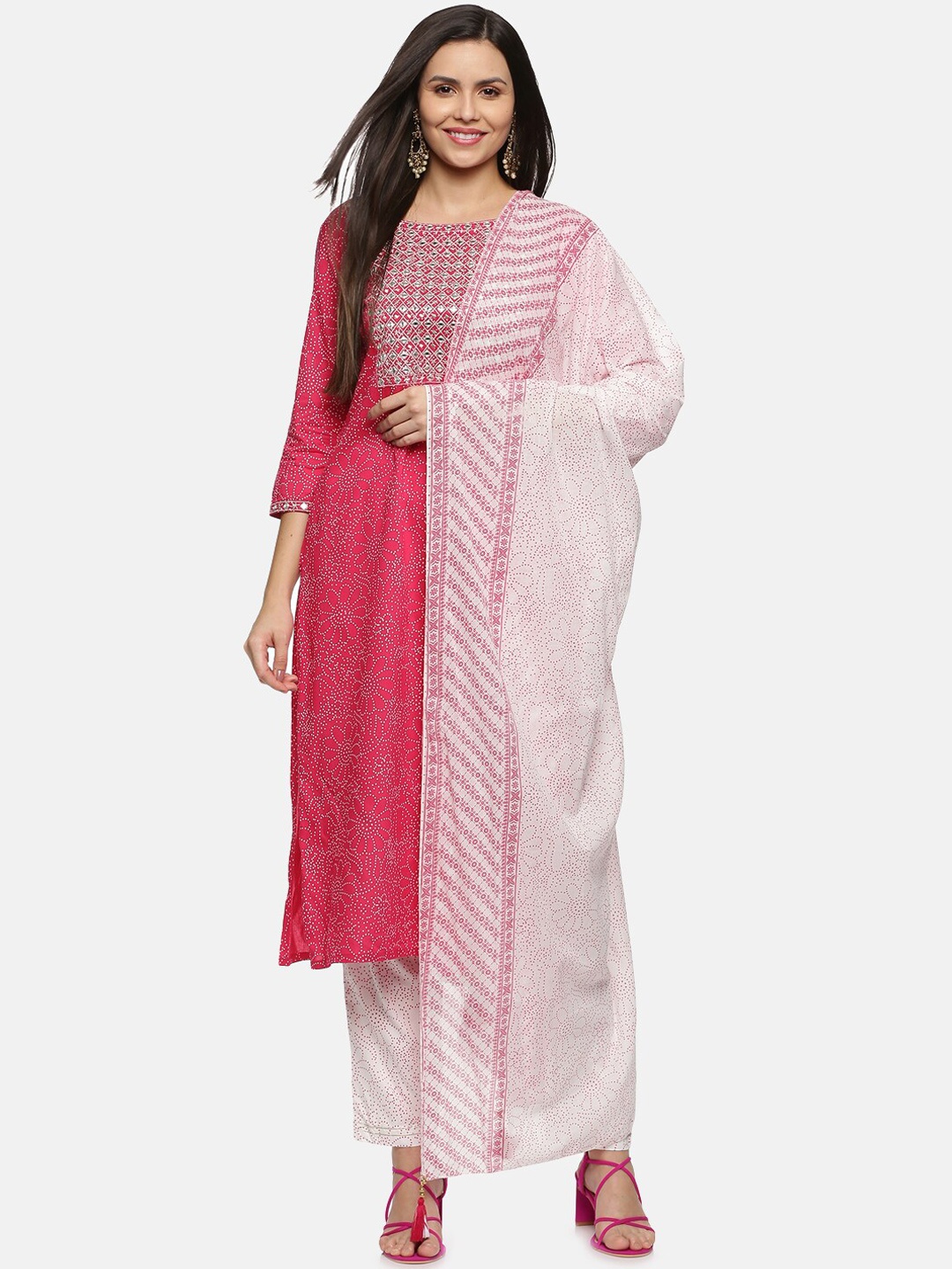 

Palakh Women Ethnic Motifs Embroidered Mirror Work Kurta with Trousers & With Dupatta, Pink