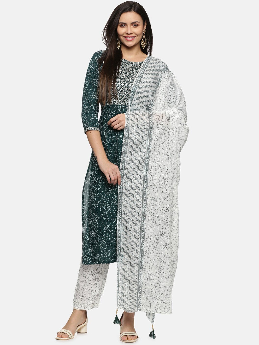 

Palakh Women Embroidered Rayon Straight Kurta with Trousers & With Dupatta, Green