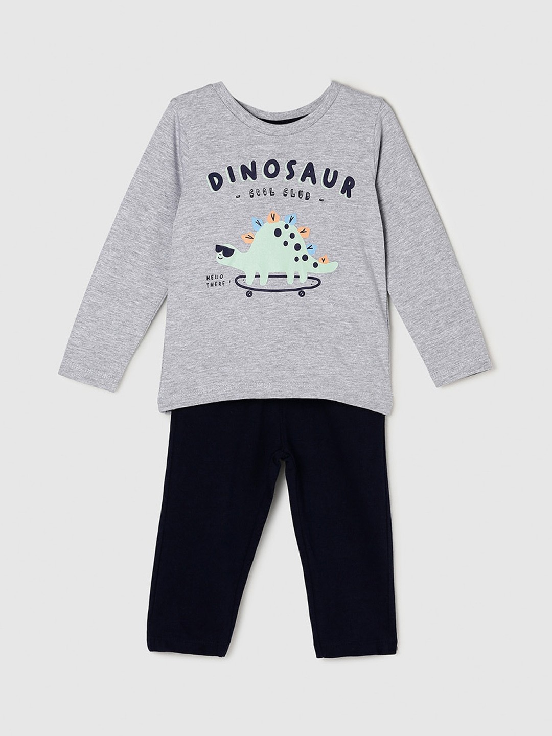 

max Boys Grey Melange & Black Printed Night suit