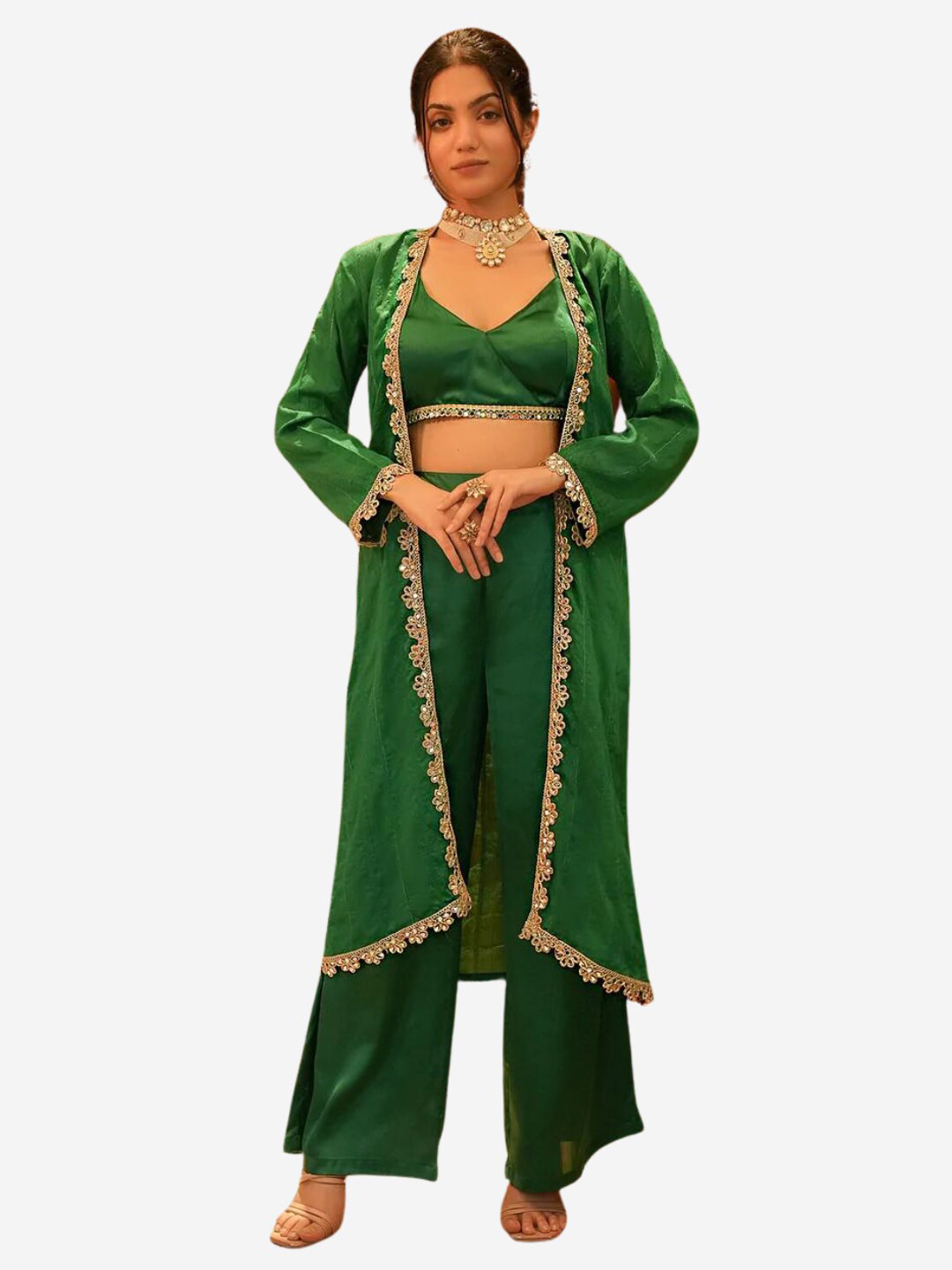 

Alaya By Stage3 Women Green & Gold-Toned Ethnic Longline Shrug