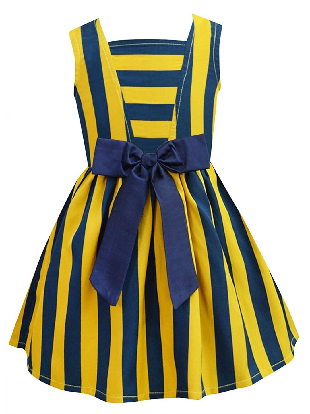 

A T U N Mustard Yellow & Navy Blue Striped Crepe Dress