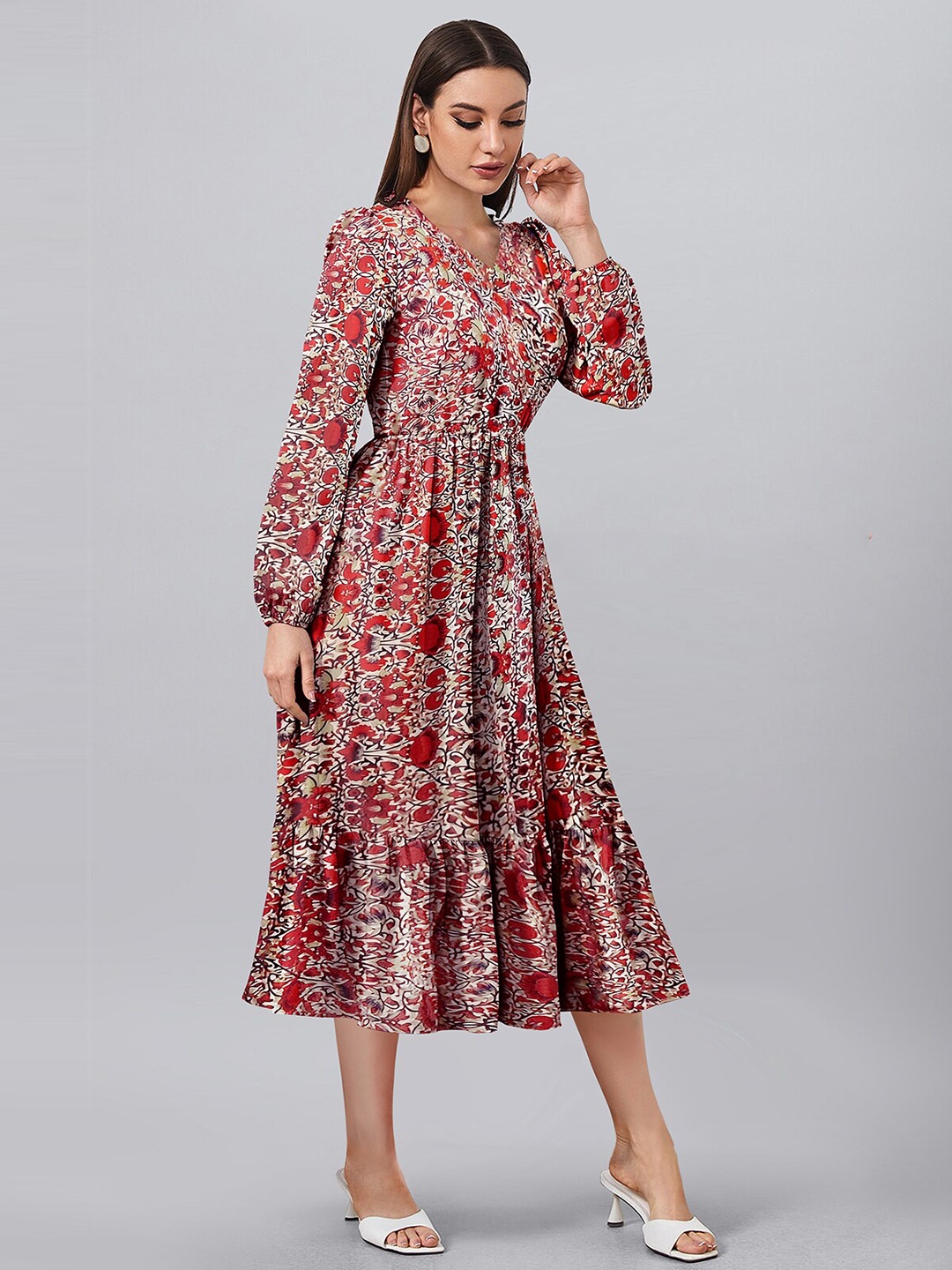 

LONDON BELLY Red & Cream-Coloured Floral Midi Dress