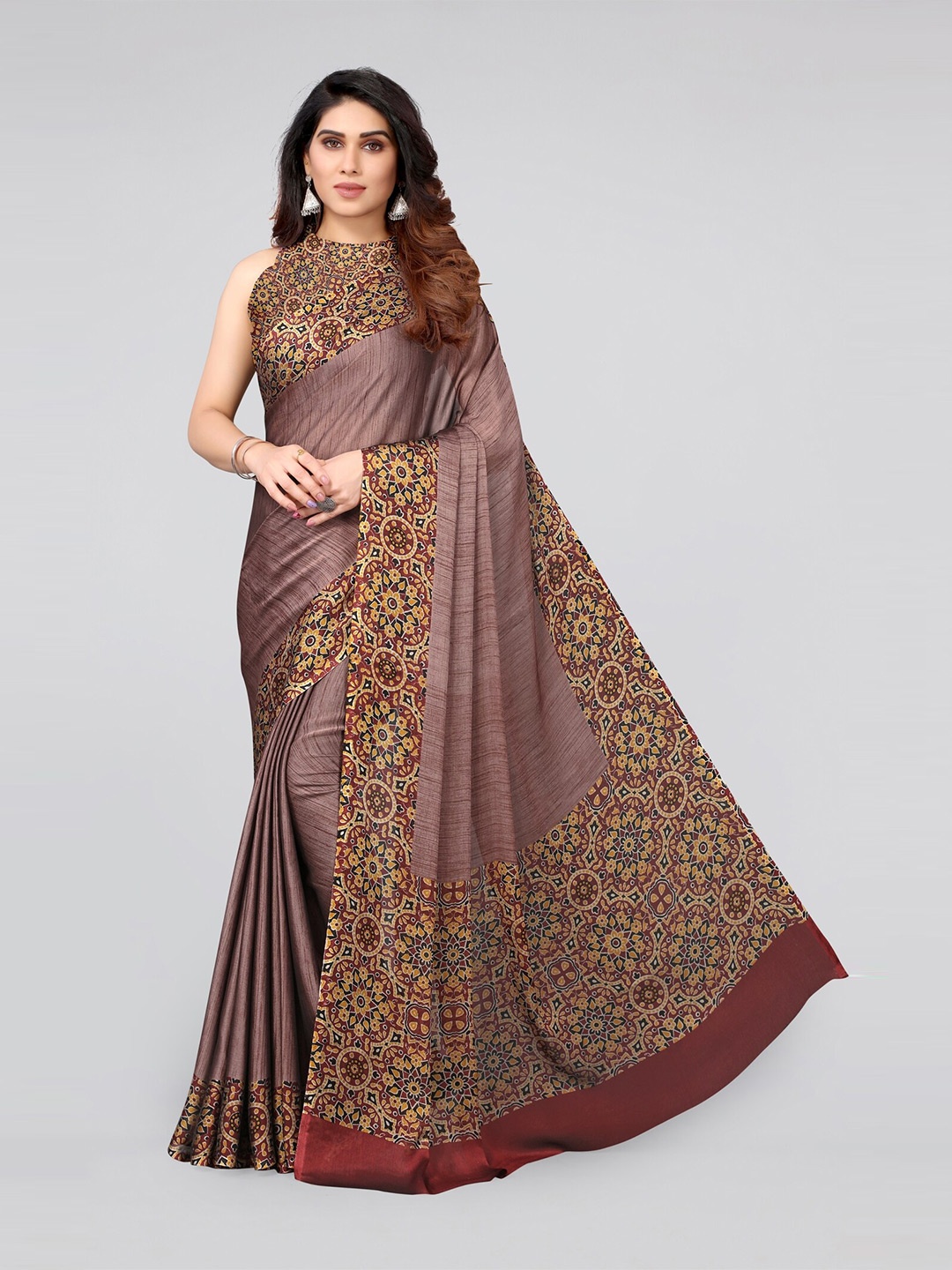 

MIRCHI FASHION Rust Pink And Maroon Abstract Print Border Poly Chiffon Saree