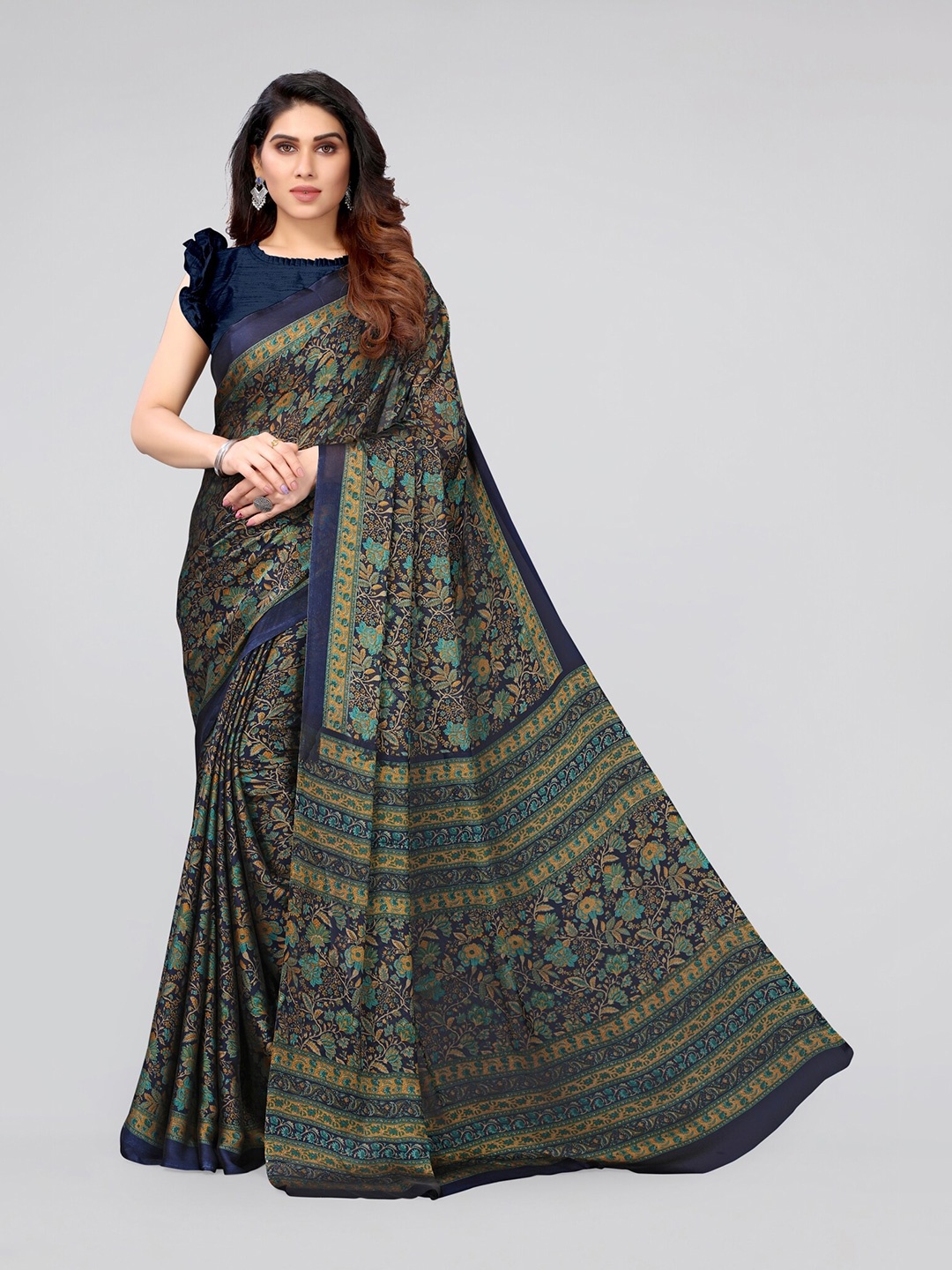 

KALINI Navy Blue And Green Floral Print Poly Chiffon Saree