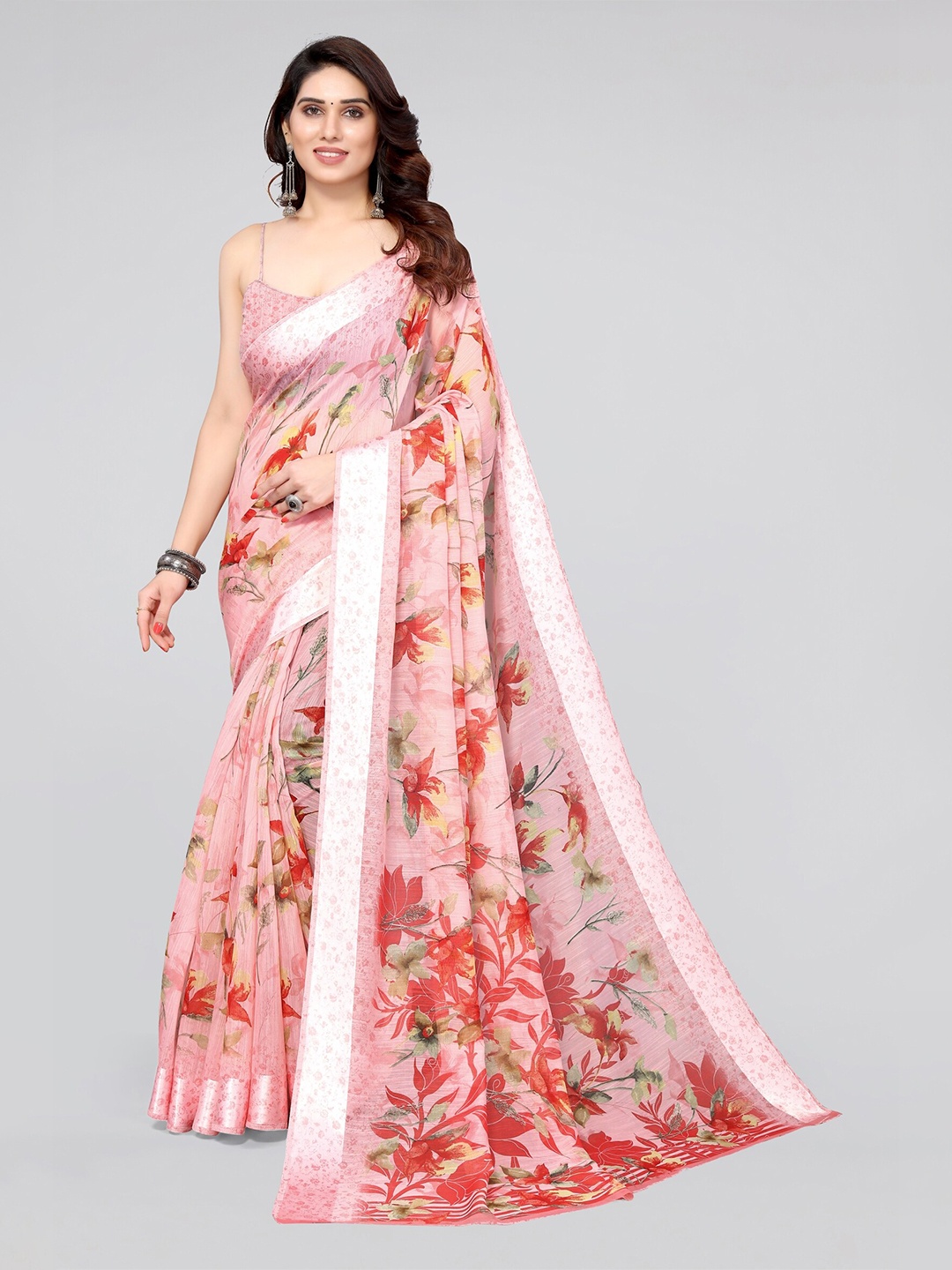 

MIRCHI FASHION Pink And Red Floral Print Solid Border Saree