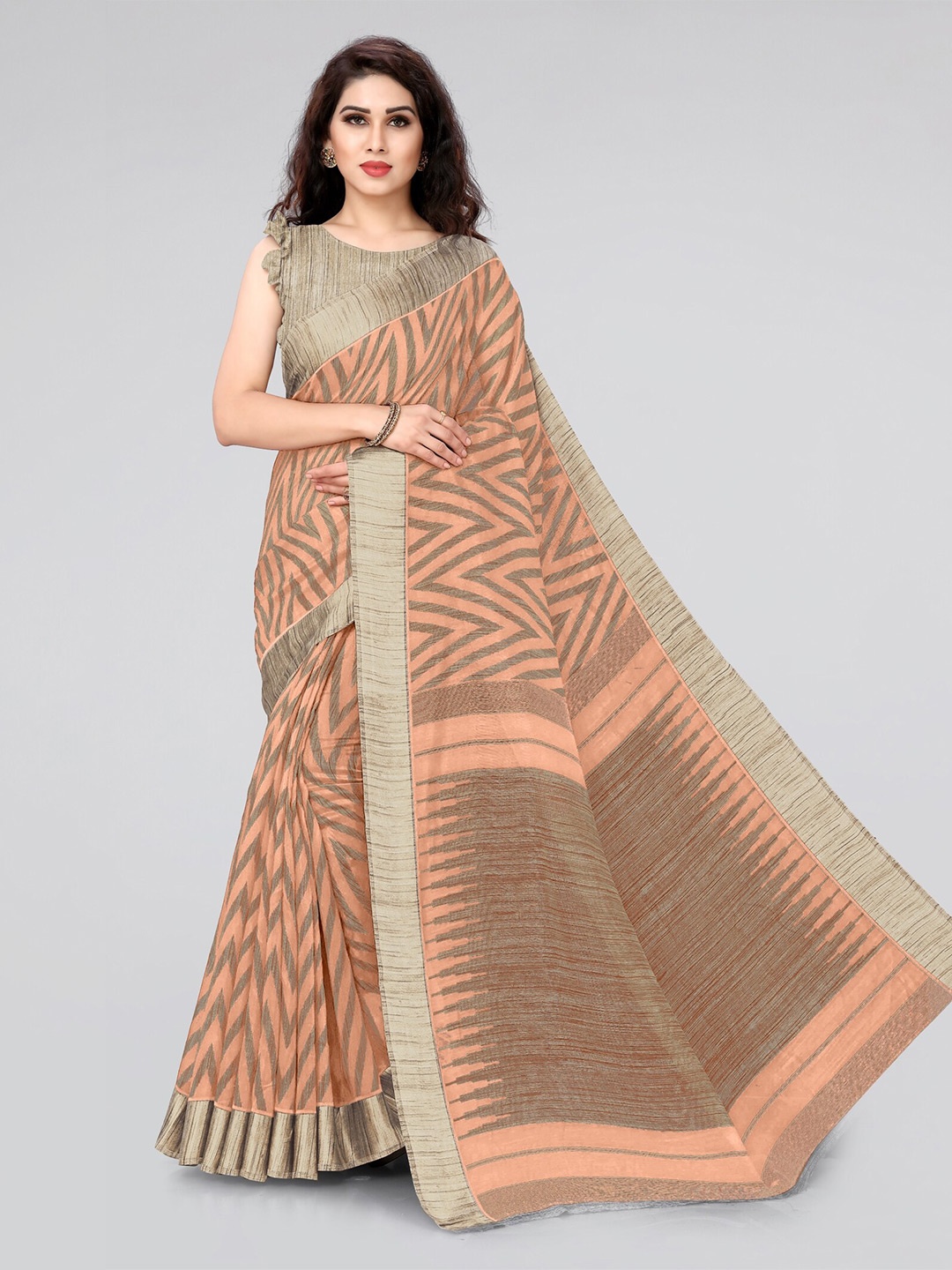 

KALINI Peach And Grey Geometric Print Saree