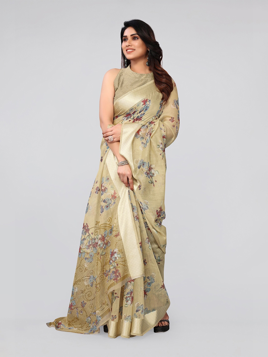 

MIRCHI FASHION Beige And Blue Floral Print Solid Border Saree
