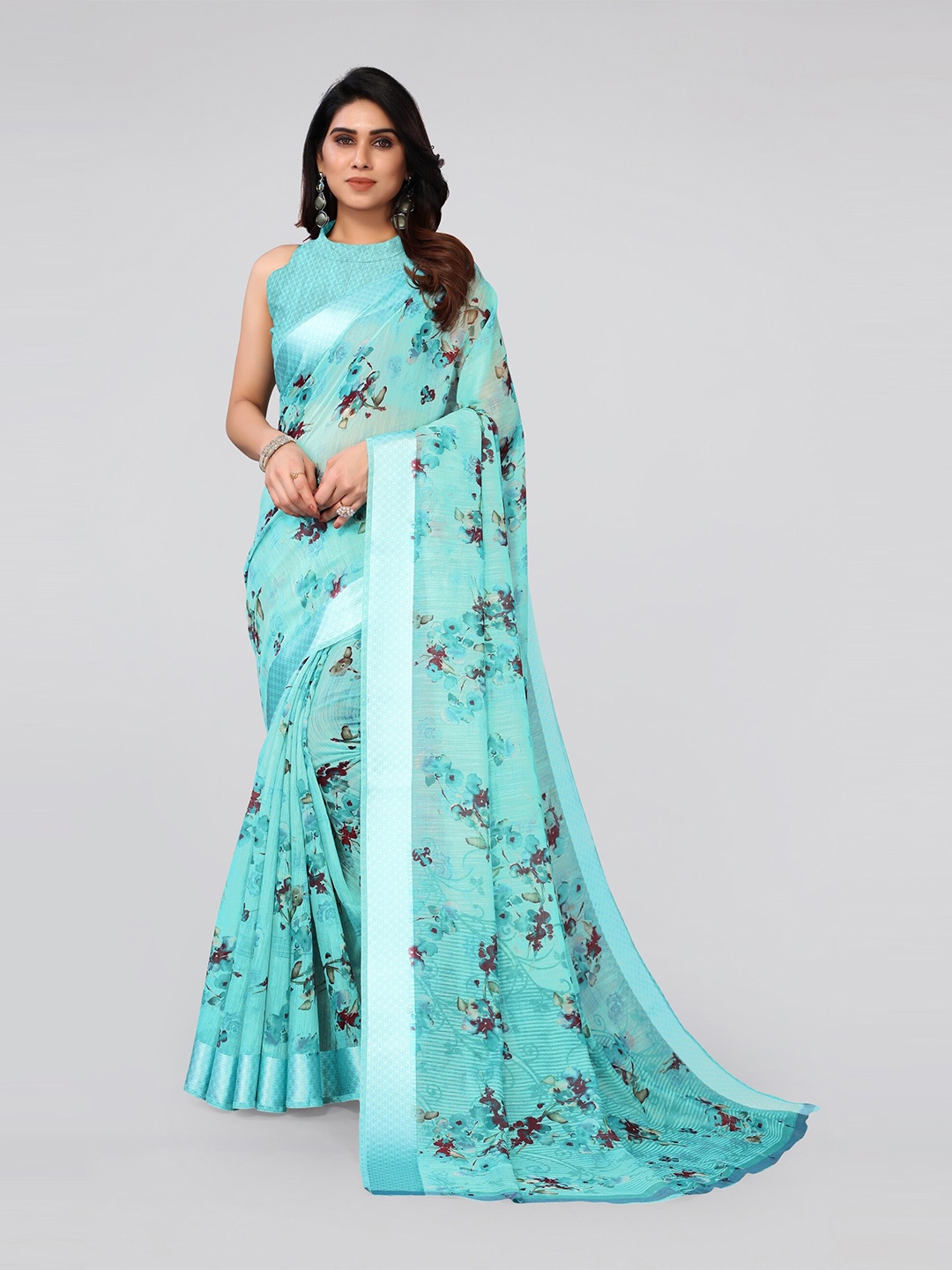 

MIRCHI FASHION Turquoise Blue And Purple Floral Print Solid Border Saree