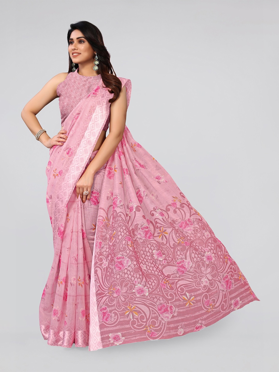 

MIRCHI FASHION Pink And Coral Floral Print Saree