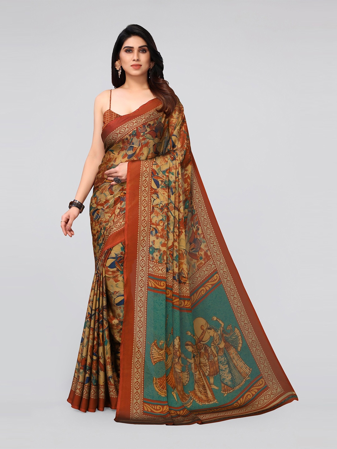 

KALINI Orange And Mustard Yellow Ethnic Motifs Print Poly Chiffon Saree