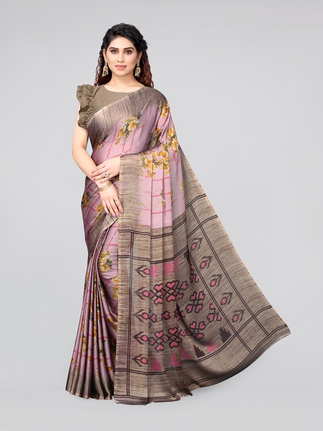 

MIRCHI FASHION Pink And Beige Floral Print Poly Chiffon Saree