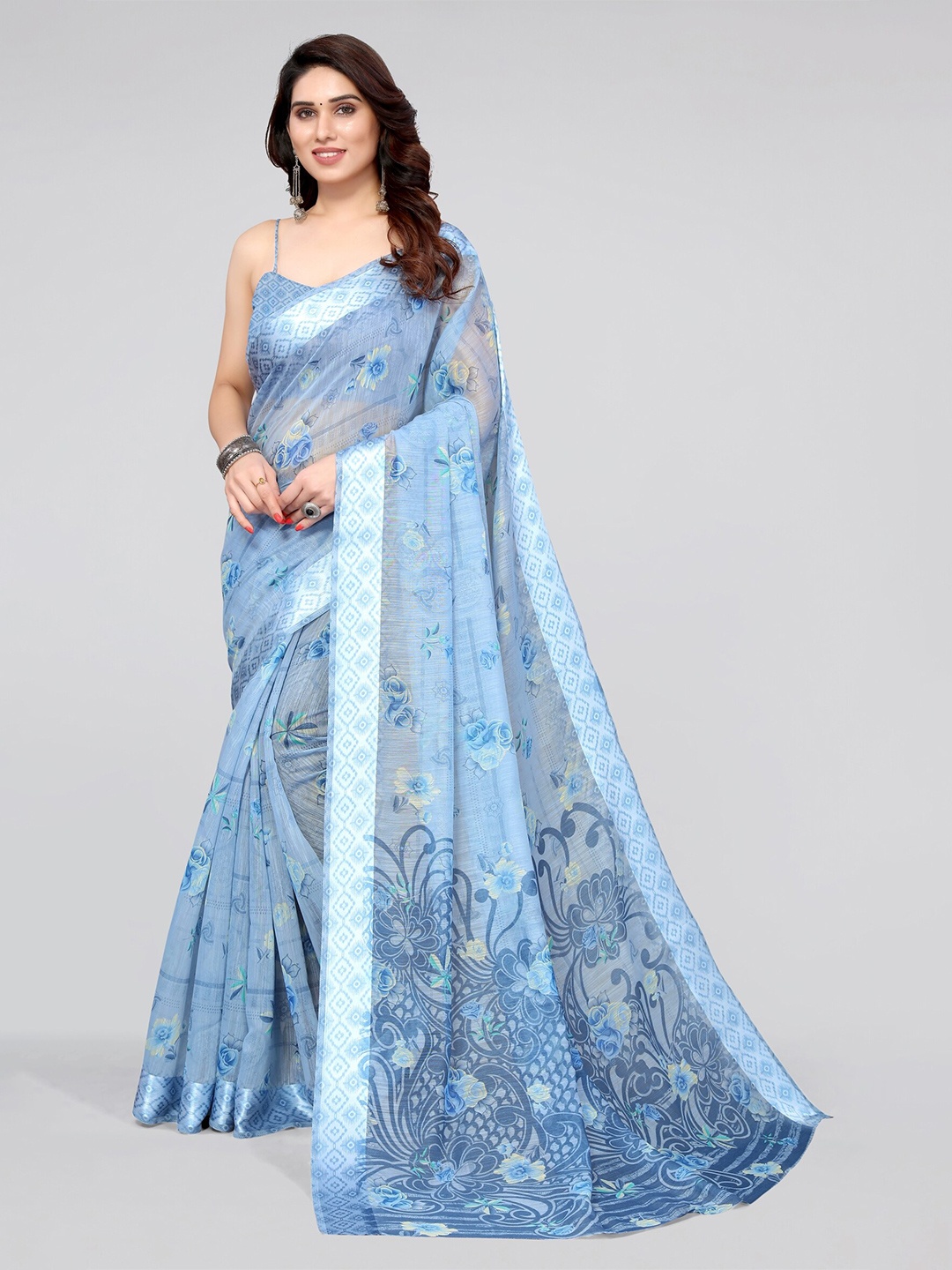 

MIRCHI FASHION Light Blue And Silver Floral Print Solid Border Saree