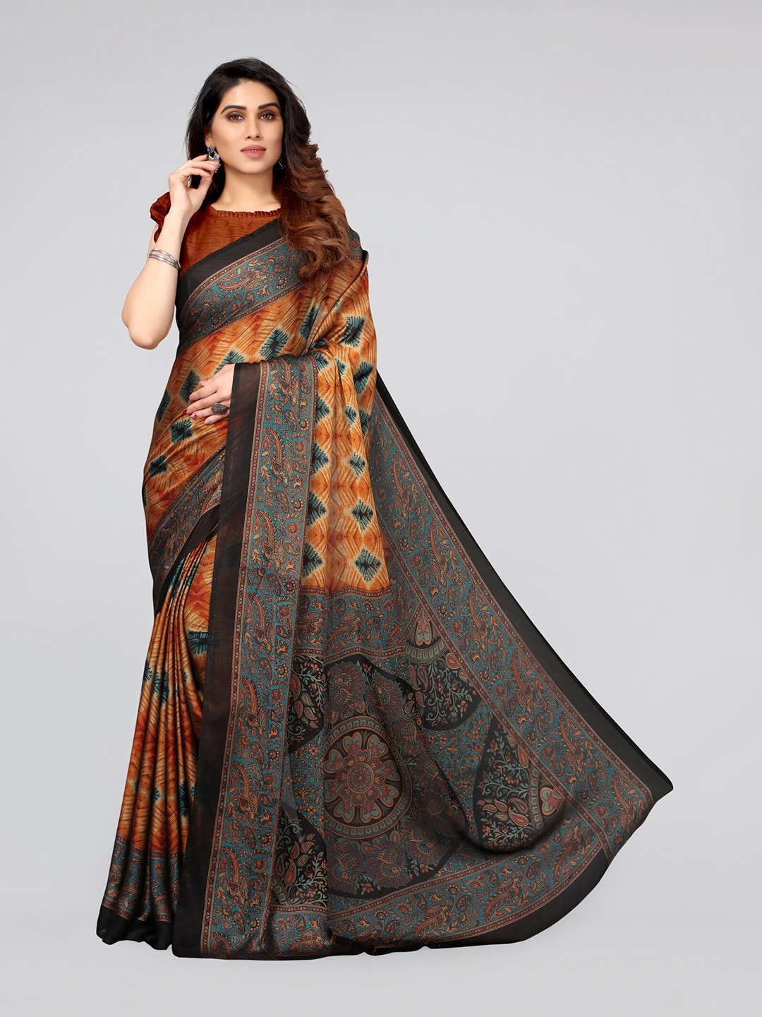 

MIRCHI FASHION Orange & Blue Poly Chiffon Saree